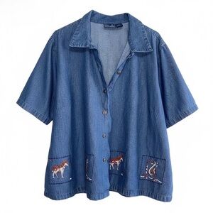 Embroidered Denim Button-Up Shirt - Blue
